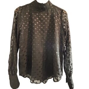 Ann Taylor Black Sheer Polka Dot Mock Neck Blouse Long Sleeve XS